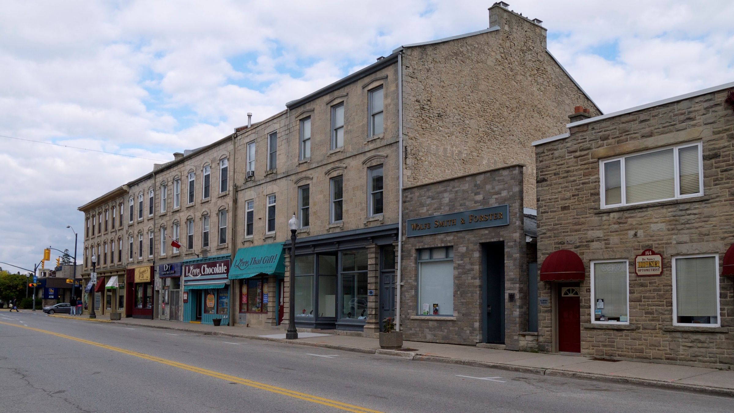 Nineteenth-century limestone buildings along St. Andrew Street in downtown Fergus